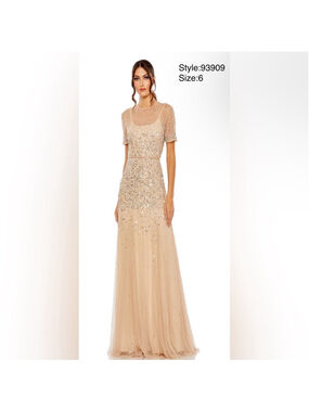 NWT- Mac Duggal Elegant Beaded Sheer Neckline Evening Gown in Nude silver color